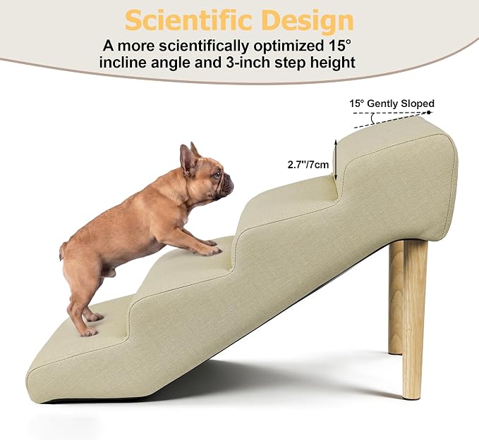 4-Step 18" H Dog Stairs for Bed Couch, Waterproof & Scratch PU Leather Pet Steps for Small Senior Dogs and Cats, Dog Ramp with 220 lbs Maximum, Oak Leg & Solid Wood, Non-Slip Feet, Cream