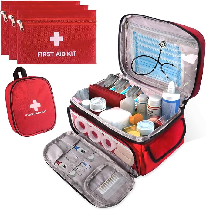 First Aid Bag Empty, 5-Piece Set with Large Medical Organizer, 3 Portable Pouches & Carry Bag for Pet First Aid Kits, Home Adventure Travel Medical Supplies (Red)