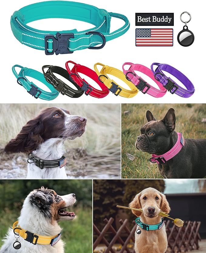 AUBELL Reflective Tactical Dog Collar,Adjustable Military Heavy Duty K9 Collars with Handle and Quick Release Metal Buckle Great for Large Dogs, with Airtag Case and 2 Patches (Teal,L)