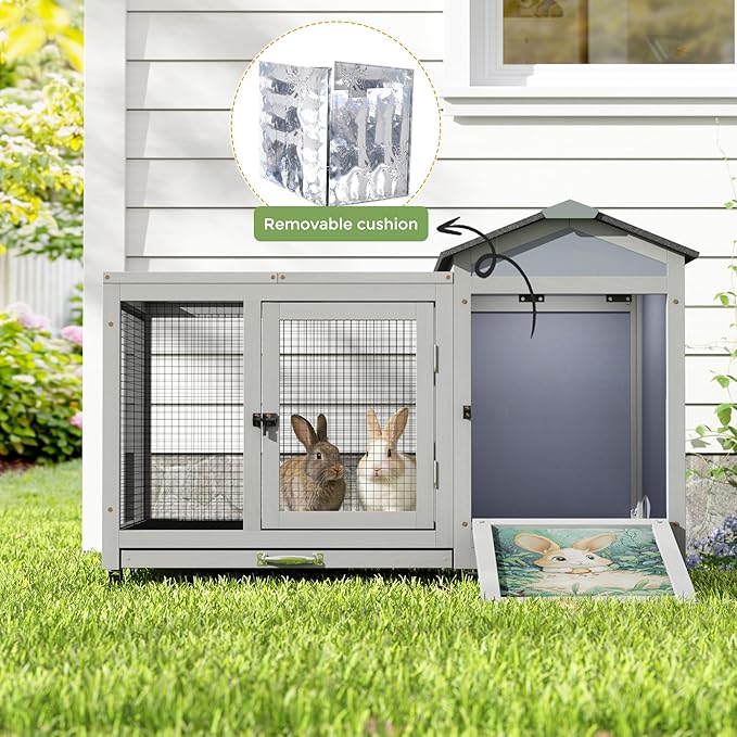 COZIWOW 39IN Heated Rabbit Hutch with Wheels, Insulated Indoor/Outdoor Bunny Cage House with Cleaning Tray, Sun Panel & Animal Pattern, Spacious Rabbit Cage for 1-2 Bunnies, (Warm Grey & Pattern)