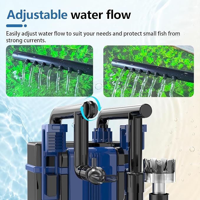 Three seconds Quiet Hang on Back Aquarium Filter for 10-35 Gallon | 7W Fish Tank Filter, Oil Skimmer,4-Stage Filtration,Adjustable Flow,Duckbill/Bell-Mouth/Rain Pipe Outlet,105GPH
