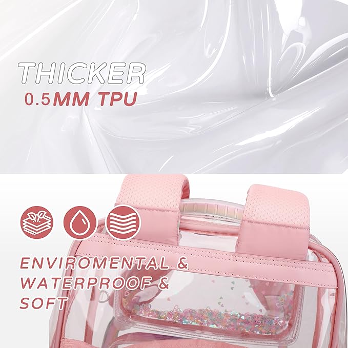 Clear Backpack for Girls,Clear Bookbag Heavy Duty Transparent Backpacks for Stadium Events, See Through Back Pack for Kindergarten Elementary Middle High School (Pink)