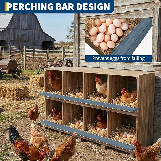 8-Compartment Wooden Chicken Nesting Box with Perches – Durable Egg Organizer for Bird Cages & Coops – Wall or Floor Mount – Prevents Egg Breakage – Ideal for Chickens, Ducks
