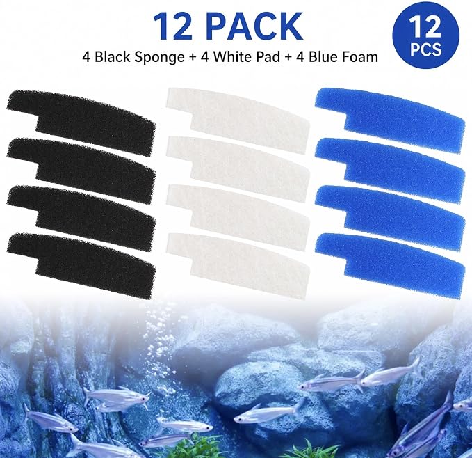 Aquarium Filter Kit 12 Pack 3 Layer Fish Tank Filter Media Set with 4 Carbon Sponge Pads, 4 Polishing Pad, and 4 Foam Filters for Clear Water, Compatible with Seachem Tidal 110 Gallon