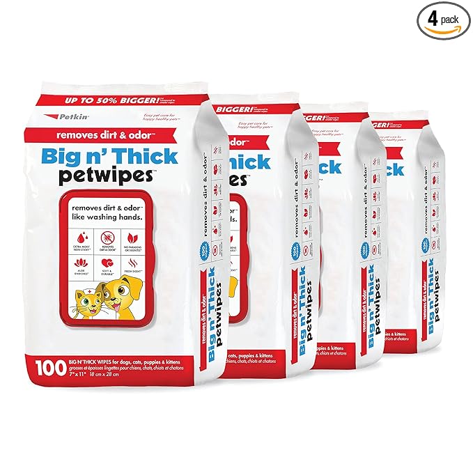 Petkin Pet Wipes for Dogs and Cats - 400 Large Wipes - Removes Dirt & Odor - Cleans Ears, Face, Butt, Eye Area - Convenient for Home or Travel - 4 Packs.