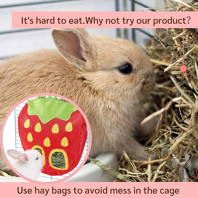 JanYoo Rabbit Hay Feeder Bag for Cage Guinea Pig Timothy Hay Dispenser Storage Manger Hanging Large Less Waste for Bunny