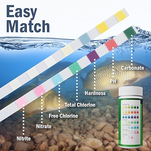 7-in-1 Pond Test Strips – Accurate Pond Water Test Kit for pH, Nitrate, Nitrite, Carbonate, Hardness, Total & Free Chlorine – Easy-to-Use Accessories for All Garden Ponds – 50 Strips