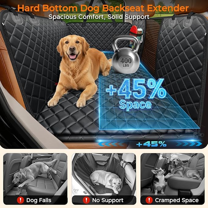 URPOWER Dogs Back Seat Extender with Non-Slip Blanket, 2 in 1 Hard Bottom Dog Car Seat Cover & Removable Dog Car Bed Mat, Waterproof Dogs Hammock for Car and SUV, Pet Rear Seat Protector Holds 400lbs