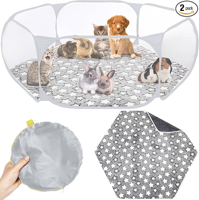 VitalCozy Hamster Playpen with Mat Small Animal Cage Tent Breathable Transparent Guinea Pig Playpen Waterproof Portable Yard Fence Mat Foldable Exercise Playpen Outdoor Indoor (Gray,Star)