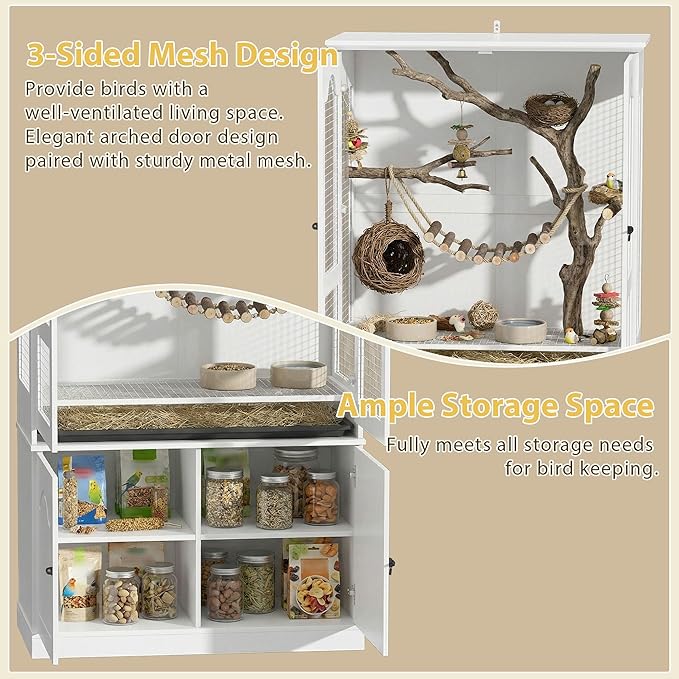 Large Bird Cage with Adjustable Storage Cabinet, White Flight Parakeet Parrot Cage with Pull-Out Tray and 3-Side Iron Mesh Design, DIY-Friendly, Tall Wide Bird Cages for Cockatiels, Finches