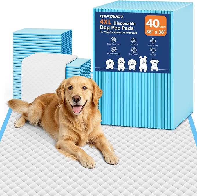 URPOWER Extra Large Dog Pee Pads 36"x 36" 40 Count, 4XL Super Absorbent Puppy Pads Disposable Potty Training Pads for Dogs & Cats, Leak-Proof Wee Wee Pads, Pet Pee Pads for Crate, Sofa