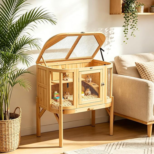 Wooden Hamster Cage 2 Story with Detachable Legs & Pull-Out Tray, Small Animal Habitat with Ramp, Top & Side Ventilation Mesh for Guinea Pigs
