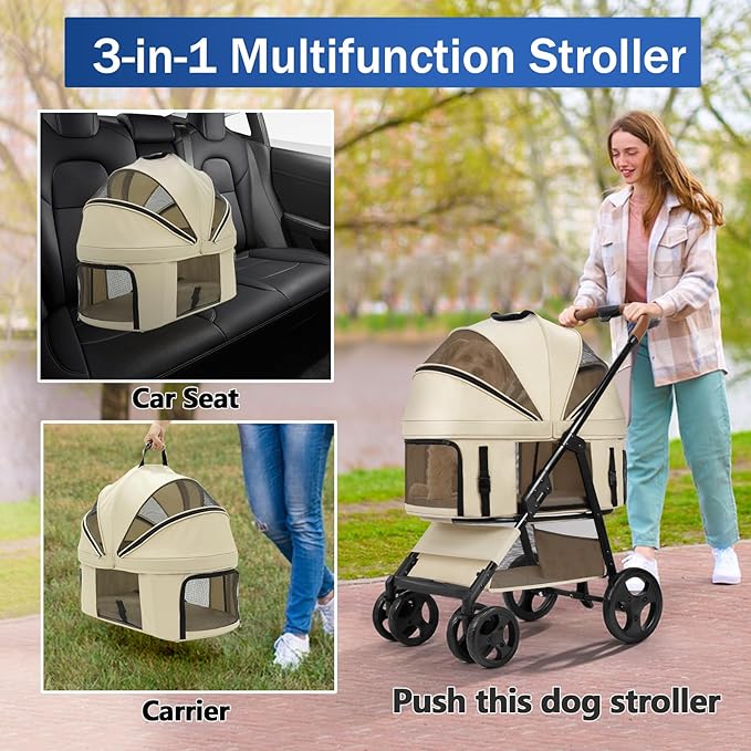 4 Wheels Pet Stroller for Small/Medium Dogs and Cats,Dog Stroller with Detachable Carrier and Storage Basket,One Click Folding,Compact Portable,Up to 50lbs,3 in1 Multifunctional(Khaki)
