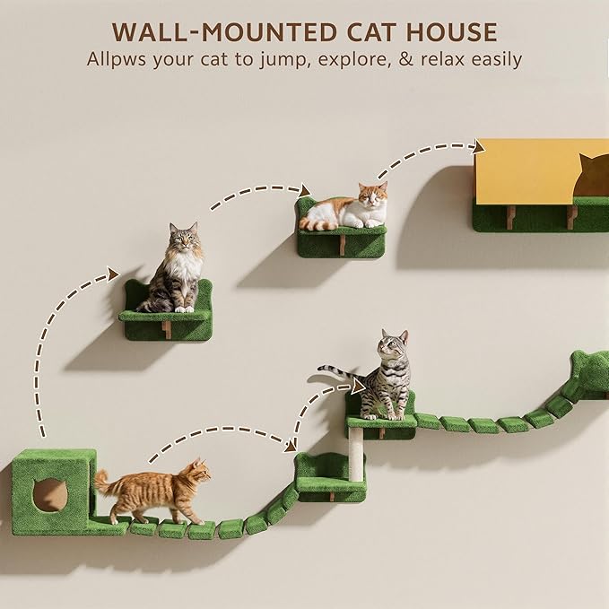 Cat Wall Shelves, Wall Mounted Cat Shelf Furniture with Plush Fabric(16 Piece Set), Cats Furniture with 40''L Tunnel, Condos, House, Steps, Bridge Ladder and Scratching Post, Green
