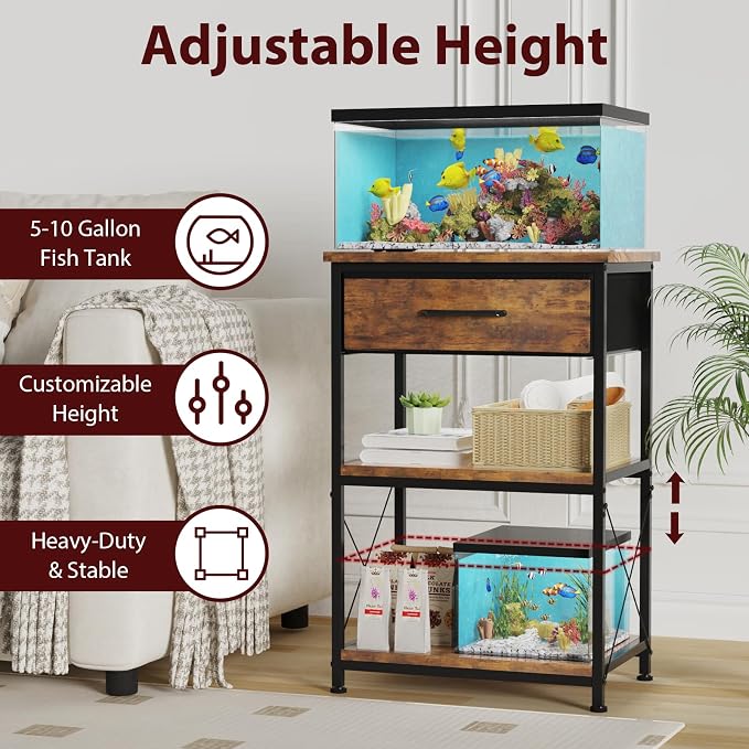 5-10 Gallon Fish Tank Stand with Adjustable Height and Drawer, Brown | Heavy duty metal frame holds up to 220 pounds with a lower shelf for a second aquarium, turtle tank or reptile terrarium