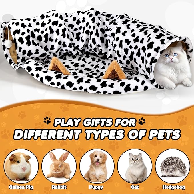 Spardar Bunny Tunnel Bed, 2-in-1 Collapsible Tunnel Tubes Toys, Washable, with Removable Mat Hideout, Interactive Toys for Rabbits Chinchilla Hedgehog Guinea Pigs Kitty, Cow