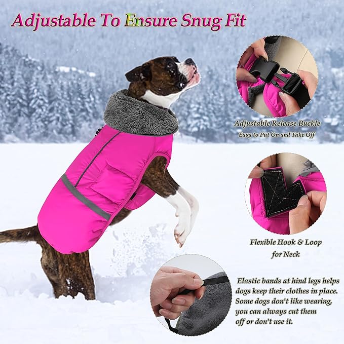 Dogcheer Warm Dog Coat, Christmas Dog Jacket Waterproof Puppy Winter Coat with Buckles, Reflective Adjustable Pet Snow Jacket Turtleneck Fleece Sweater for Small Medium Large Dogs - Pink, L