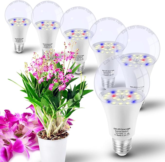LED Plant Grow Light Bulbs Indoor Plants Full Spectrum E26 A19 | LED Sun Bulbs Plant Growing 100W Equivalent with Balanced 5000K Red Blue Yellow for Seeds Greens Flower Fruit Garden,6Pack