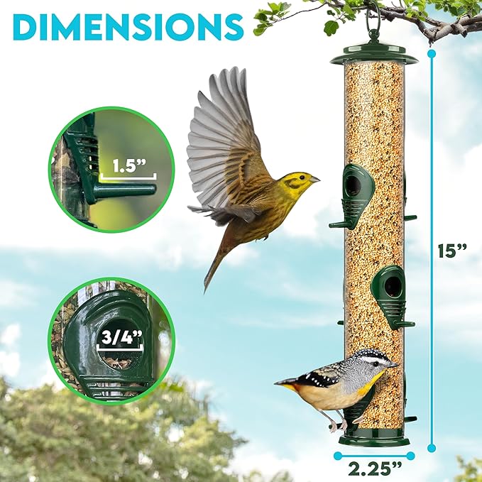 Bird Feeders for Outdoors (Green) Squirrel Proof Hanging Bird Feeder with Locking Lid & Adjustable Hanger, Chew-Proof, Weather Resistant 15 Inches 6 Port