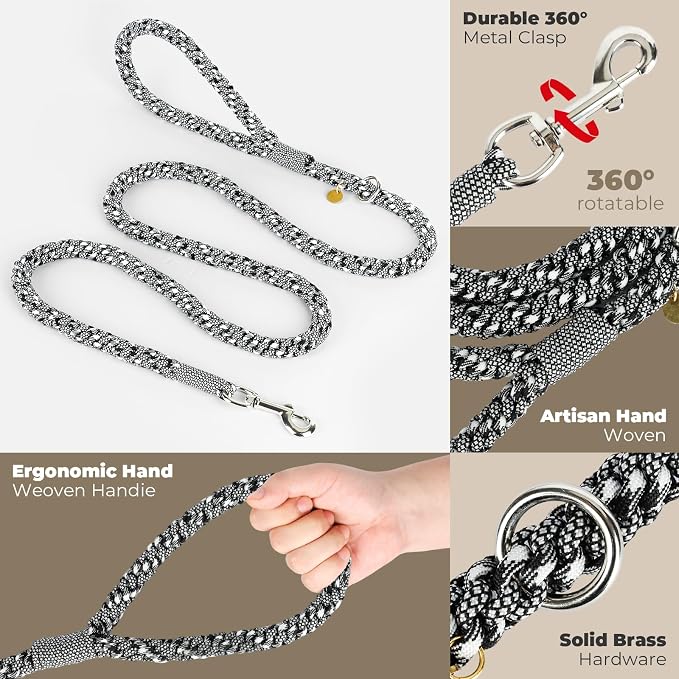 Tirevt Hand-Woven Dog Collar and Leash Set:Color-Block Design, Premium Reinforced Buckle, Adjustable Artisan Paracord for Puppies, Small, Medium & Large Dogs (Black, L)