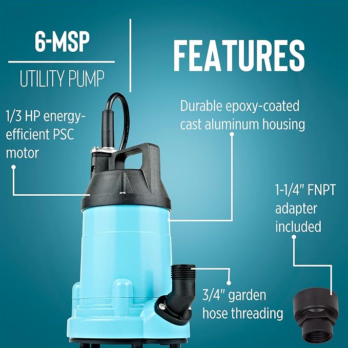 Little Giant 6-MSP 115V, 1/3 HP Manual Aluminum Utility Pump, 10' Cord | 2130 GPH, General Water Transfer/Circulation, Submersible, Epoxy-Coated, No Switch, Fits 3/4" Garden Hose, 14942783