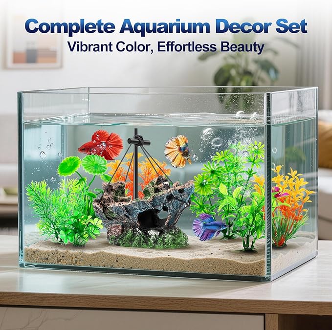 CousDUoBe 8 Pack Fish Tank Decoration Set Aquarium Accessories，Sunken Ship Decoration Aquarium Plants — Safe Resin Fish Tank Decor for Betta, Shrimp (5.3 x 2.5 x 4.5 inches)