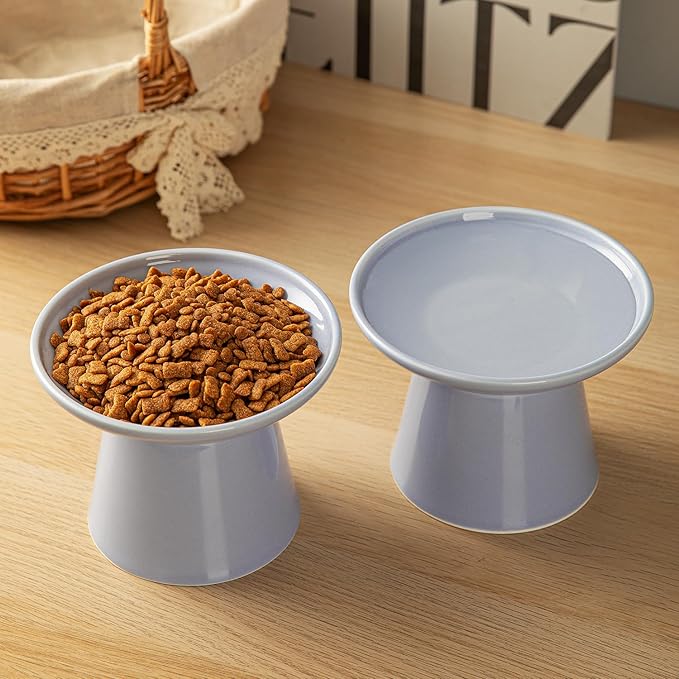 6.2 Inch Extra Wide Elevated Ceramic Cat Bowls, Food and Water Bowl Set for Elder Big Cats Small Dogs, Raised Design for Pet Easy Eating, Protect Cat's Spine Set of 1(Light Purple)