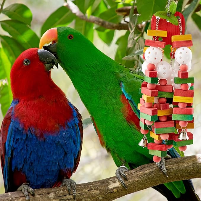 Seenelling 3 Pcs Extra Large Bird Parrot Toy Multicolored Natural Wooden Parrot Cage Chewing Toys for Large Medium Macaws Cockatoos African Grey Birds (Block and Ball)