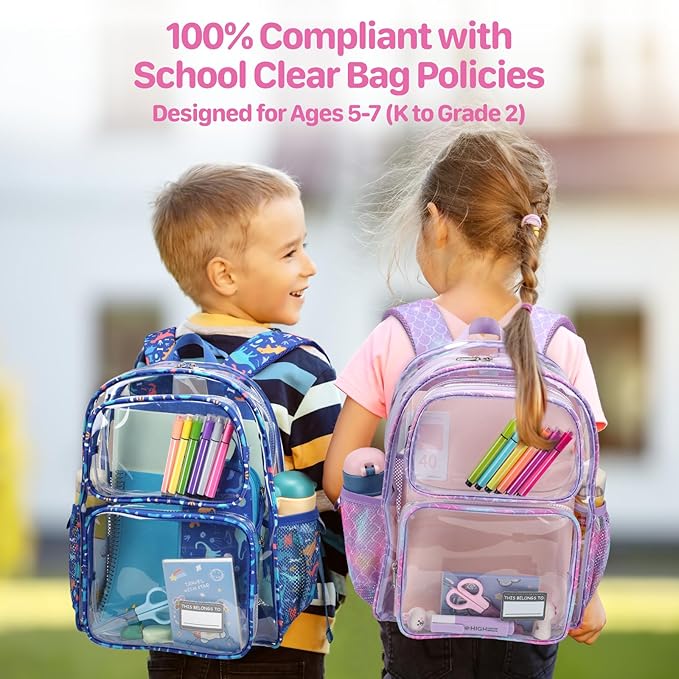 Bagseri Clear Backpack for Girls - 15 Inch Heavy Duty Kids Clear Bookbag for Kindergarten to Grade 2, Transparent School Bag with Reflective Strip, Fits Folders, Purple Mermaid