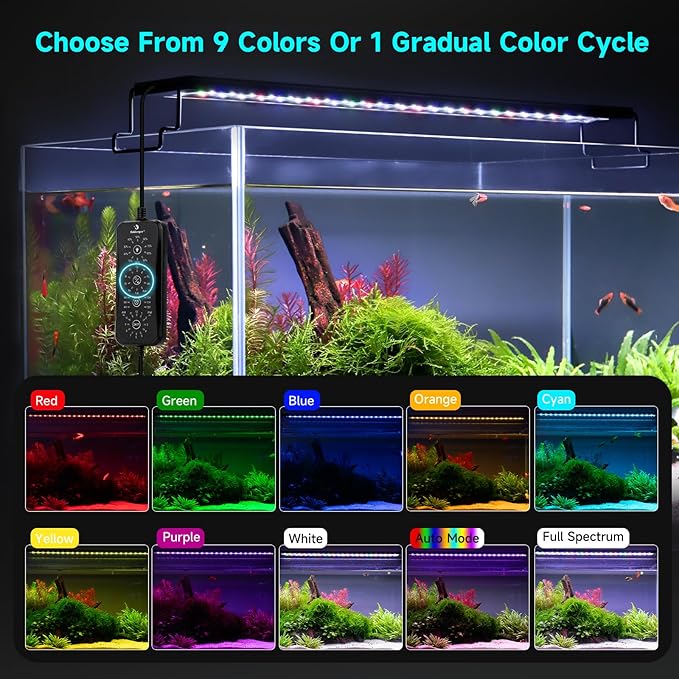 fishkeeper LED Aquarium Light, 24/7 Mode Fish Tank Light with One Touch | Full Spectrum Aquarium Light for Plant, IP68 Waterproof, Adjustable 10 Brightness 10 Colors 6 Timer, for 12-18 Inch Tank