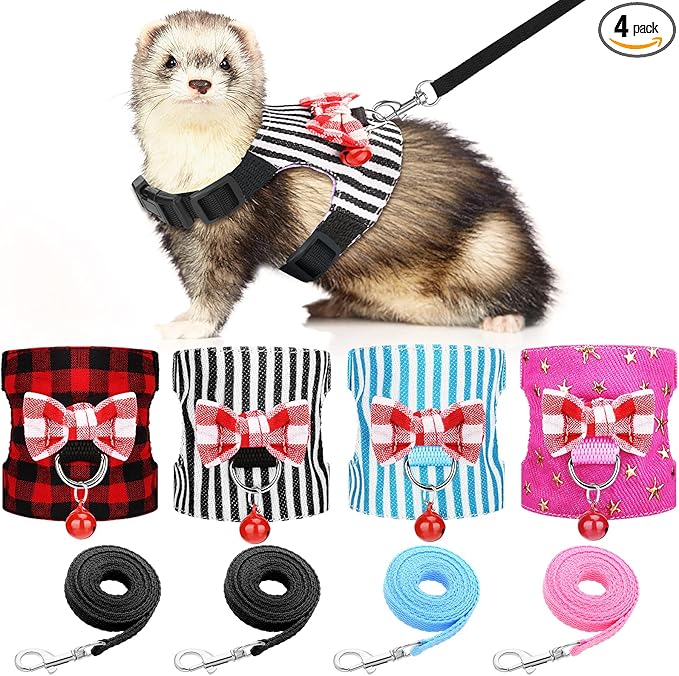 4 Pieces Ferret Harness and Leash Set Ferret Leash Small Pet with Cute Bowknot and Safe Bell Decor Chest Strap Harness for Outdoor Walking Rabbit Guinea Pig Bunny Hamster Puppy Kitten(Small)