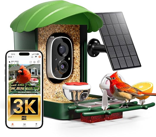 Smart Bird Feeder with Camera, 3K HD Live Stream, AI Species Identification, Solar Powered, Instant Motion Alerts, IP65 Weatherproof Outdoor Gifts for Bird Lovers, Green