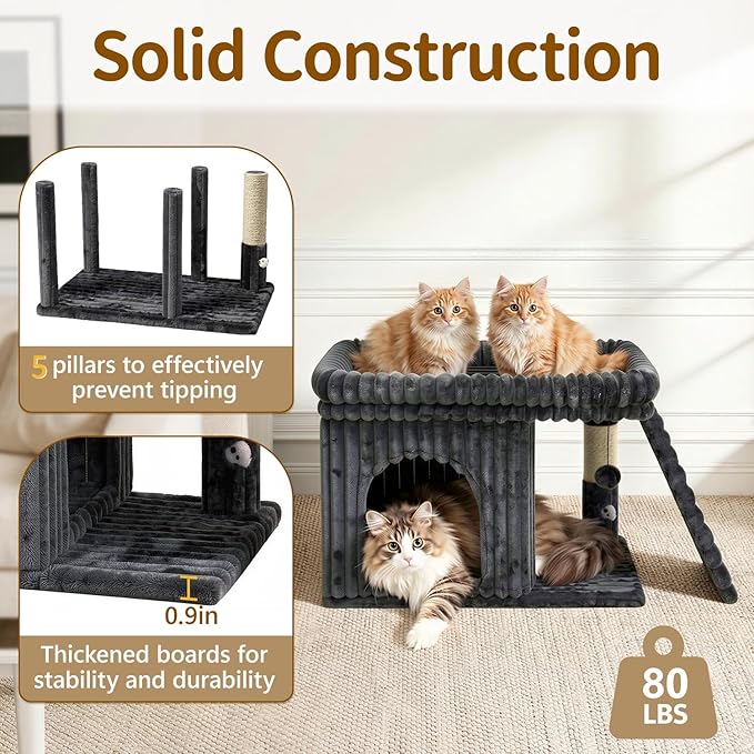 Cat Tree Tower Bed with Scratching Post for Indoor, Heavy Duty Small Stand House Condo for Large Cats & Kittens, Modern Sturdy Platform Perch Hideout Climb Rest Area, Dark Gray Striped Fabric