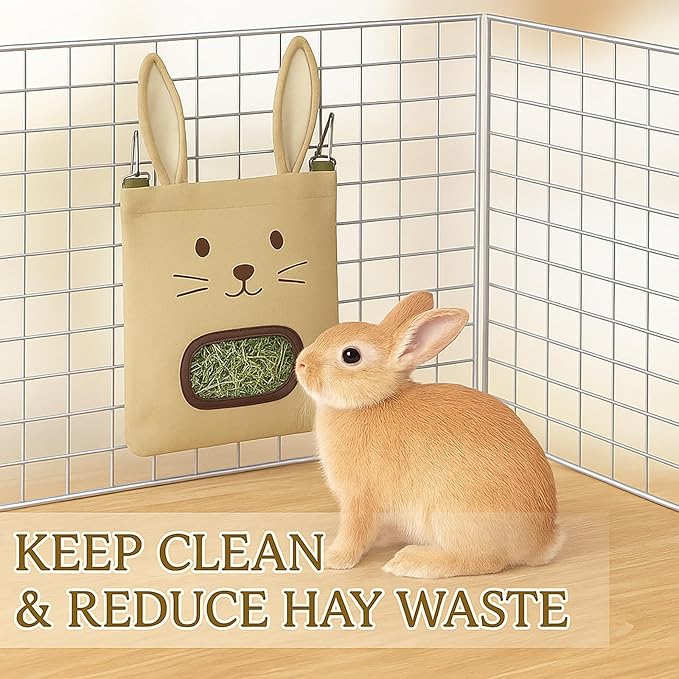 Rabbit Hay Feeder Bag - Hanging Rabbit Hay Feeder for Rabbits, Guinea Pigs and Chinchillas, Moss and Alfalfa Hay (Khaki)