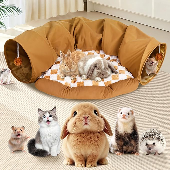 Spardar Bunny Tunnel Bed, 2-in-1 Collapsible Tunnel Tubes Toys, Washable, with Removable Mat Hideout, Interactive Toys for Rabbits Chinchilla Hedgehog Guinea Pigs Kitty, Khaki