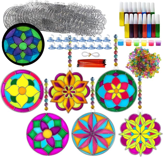 30 Sets Mandala Suncatchers Craft Kits Stained Glass DIY Window Paint Art | 30-piece Flower window art kit with mandala designs, perfect for spring crafts, summer parties, and creative activities