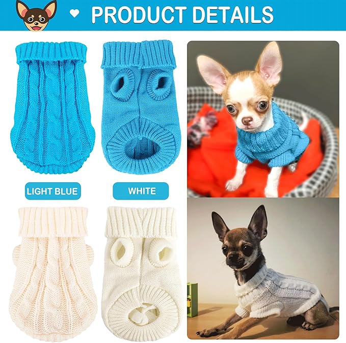 2 Pieces Xxs Dog Sweater Chihuahua Clothes Dog sweaters for Small Dogs Girl Boy Teacup Dog Yorkie Turtleneck Knitted Sweater Pet Clothes Fall Dog Clothes Blue White