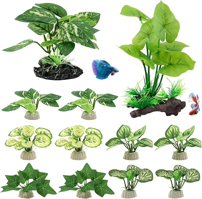 12pcs Artificial Silk Aquarium Plants Bettas Tank Accessories Green Fish Tank Plants Leaf Hammock Aquarium Decorations for Fish & Reptiles(Color:Green)