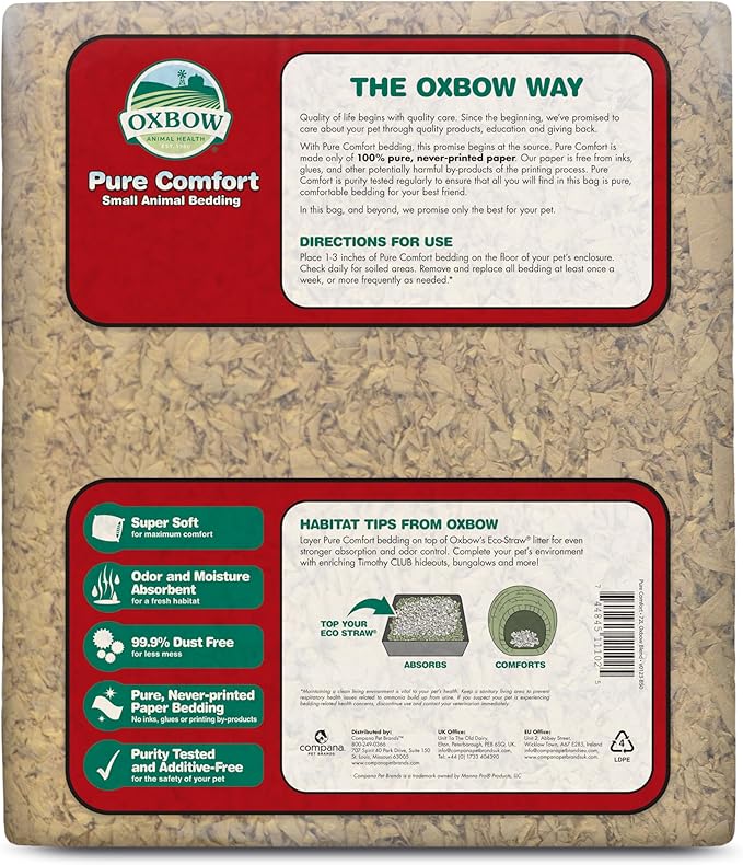 Oxbow Pure Comfort Bedding, Rabbit, Hamster, & Guinea Pig Bedding, Bunny Supplies for Litter Box, Pet Safe, 99.9% Non-Dust, Natural, 56 Liter Bag