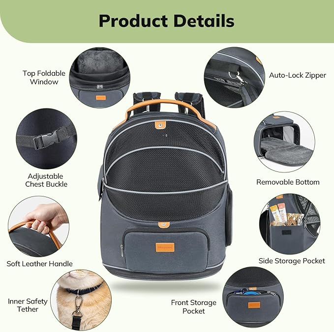 Morpilot Expandable Cat Carrier Backpack for Small Dogs & Cats Up to 25lbs, Breathable Mesh Pet Travel Backpack with Safety Leash, Foldable Airline Approved Carrier for Hiking Camping Outdoor, Grey