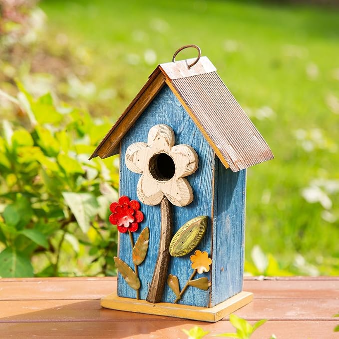Glitzhome Hanging Bird House for Outdoor, 10.2" H Decorative Birdhouse Pet Cottage Distressed Wooden Bluebird House with 3D Flowers for Outdoor Patio Garden, Washed Blue