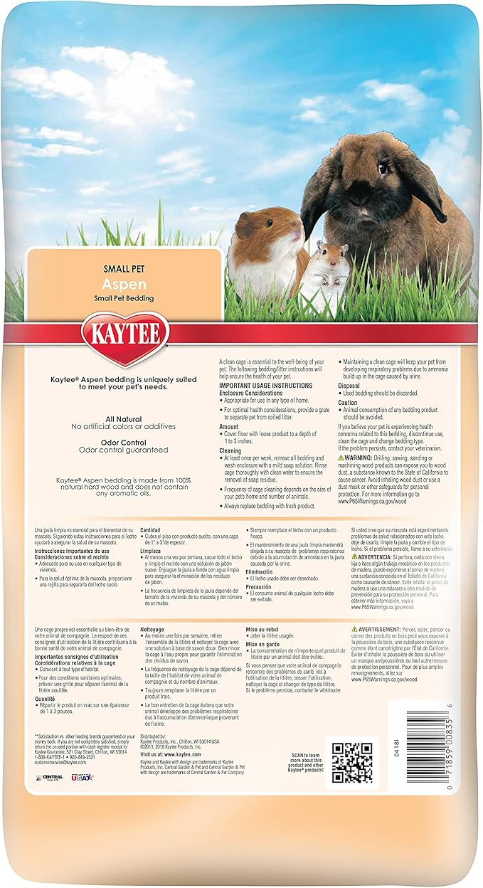 Kaytee Aspen Small Animal Pet Bedding for Pet Guinea Pigs, Rabbits, Hamsters, Gerbils, and Chinchillas, 19.7 Liters (Pack of 2)