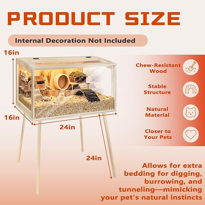 PROLEE Hamster Cage Wooden Chew Proof, Extra Large Mice and Rat Habitat Openable Top with Acrylic Sheets Solid Built Small Animal Cage with Leg Stands, 24 Inch Long