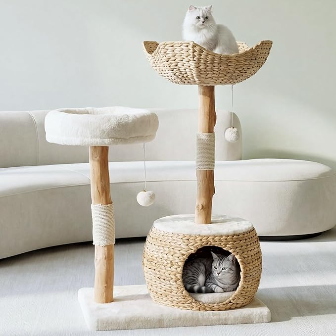 Leo & Lexi Modern Cat Tree Tower with Cave, Real Wood Cat Scratching Post with Bed for Indoor Cats Large Adult, Solid Wooden Climbing Tower, Cute Condo, Aesthetic Stand, Boho Luxury Pet Furniture