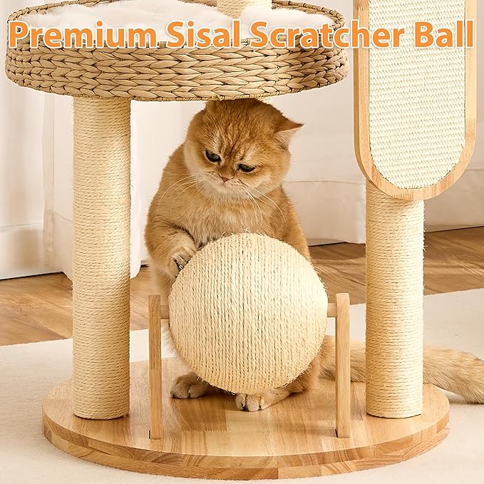 Modern Cat Tree Small Tower with Scratching Post for Indoor, Solid Wood Multifunctional Corner Cat Tree Tower with Bed