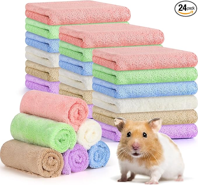 Newwiee 24 Pcs Guinea Pig Fleece Bedding Blankets Bulk Washable Small Animal Fleece Cage Liners Pet Wash Cloth Sleeping Mat Cover for Hamster Chinchilla Rabbit Hedgehog(12 x 12 Inch,Multicolor)
