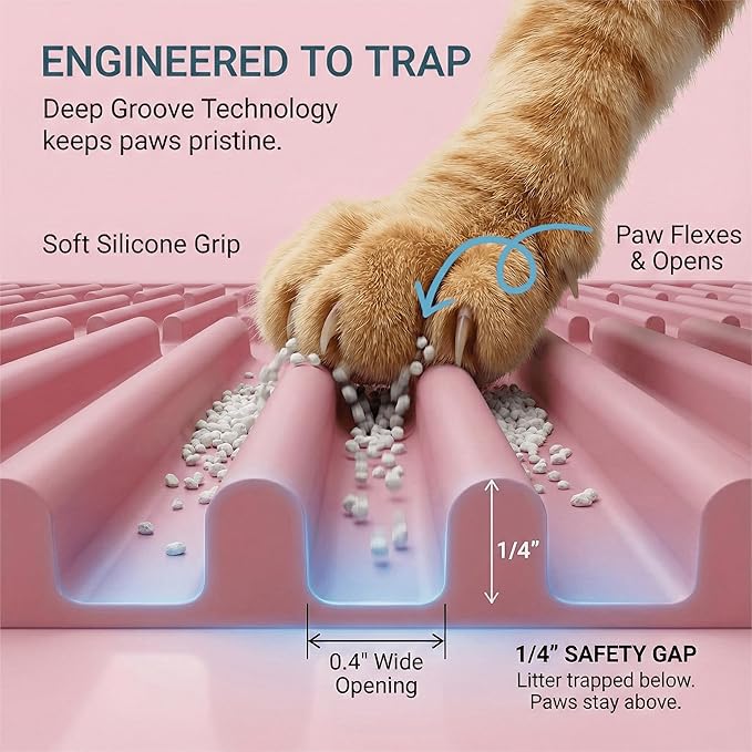 Extra Large Litter Mat: XL 39"x29" Silicone Waterproof Groove Design Litter Trapping Mat Easy to Clean for Multiple-Cats - Jumbo Non-Slip Cat Box Rug for Floor (Pink)