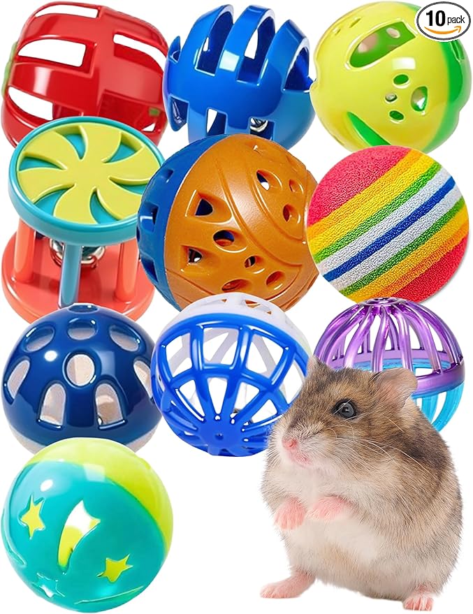 10-Pack Hamster Toys with Bell, Colorful Balls for Pet Hamsters, Scurry Back and Forth (1.5'' - 2.2'')