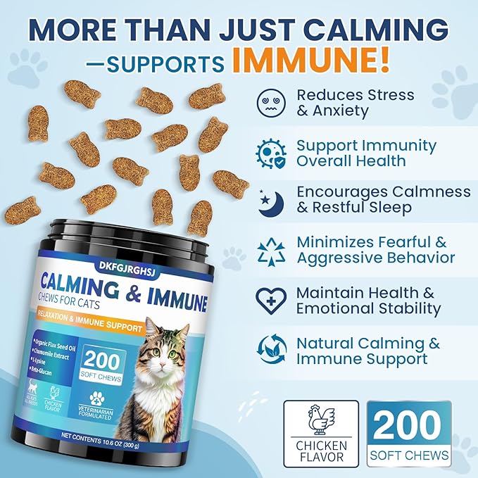 Cat Calming Treats, 200 Calm Soft Chews to Soothe Stressed Cats Anxiety Relief Reduce Stress & Promote Relaxation Immune Support Chicken Flavored