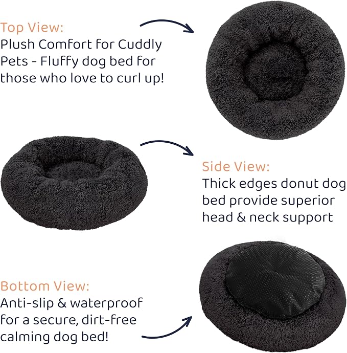 Donut Dog Bed - Premium Comfort for Anxiety Relief - Fluffy & Calming Design with Ultra-Plush Support | Cozy Round Dog Bed with Super Soft Circle Style (Black, Small)